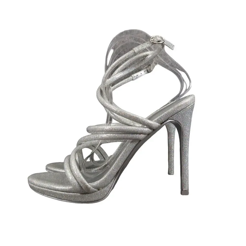 Nine West Shoes Womens 8 Heeled Sandal Ankle Strap Pumps Platform Silver Glitter